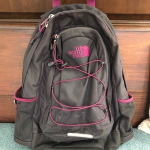 North Face backpack, grey and purple, gently used